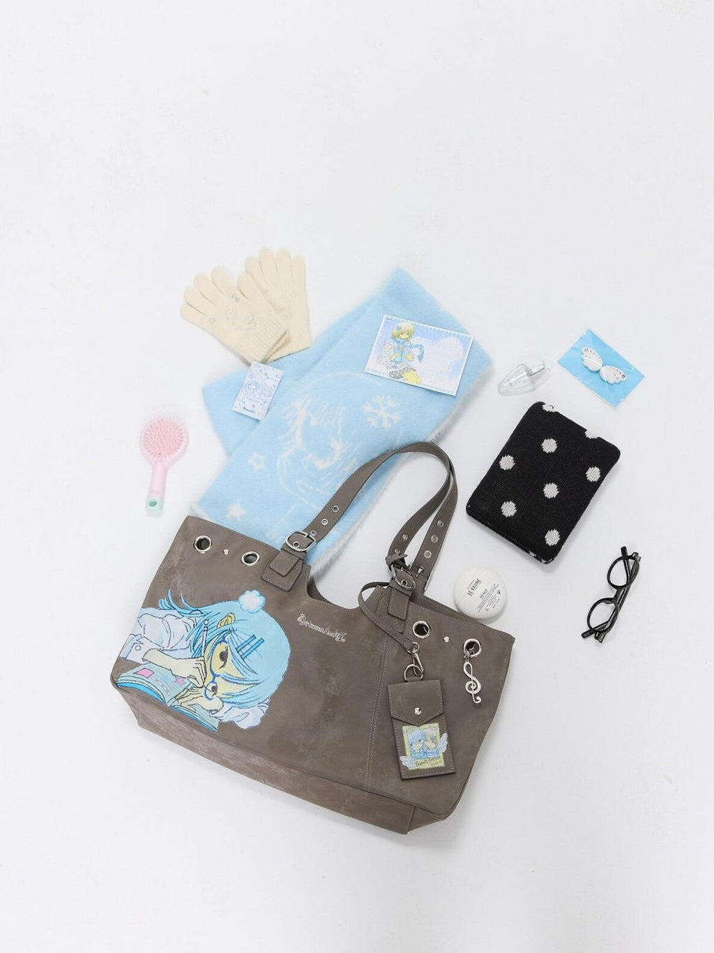 Milk Tea Gray Vintage Manga Girl Cartoon Large Capacity Women's Handbags