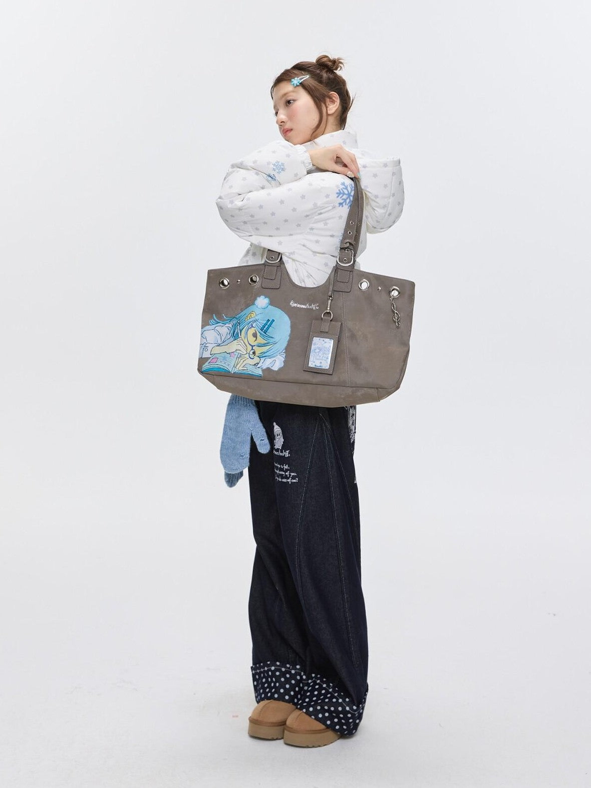 Milk Tea Gray Vintage Manga Girl Cartoon Large Capacity Women's Handbags