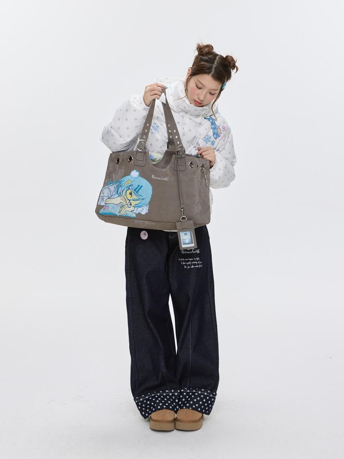 Milk Tea Gray Vintage Manga Girl Cartoon Large Capacity Women's Handbags