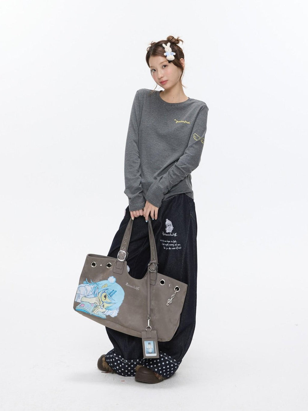 Milk Tea Gray Vintage Manga Girl Cartoon Large Capacity Women's Handbags