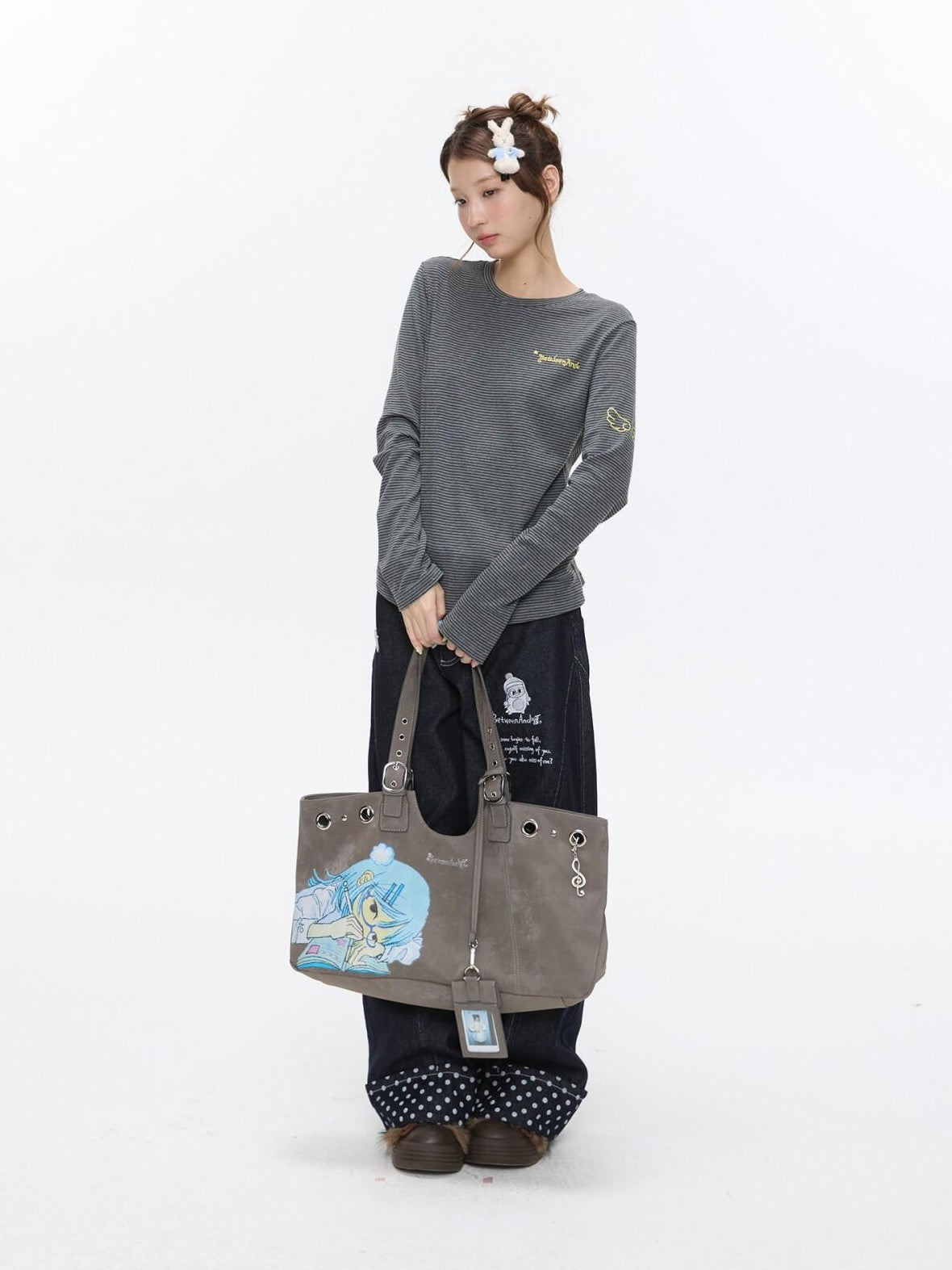Milk Tea Gray Vintage Manga Girl Cartoon Large Capacity Women's Handbags