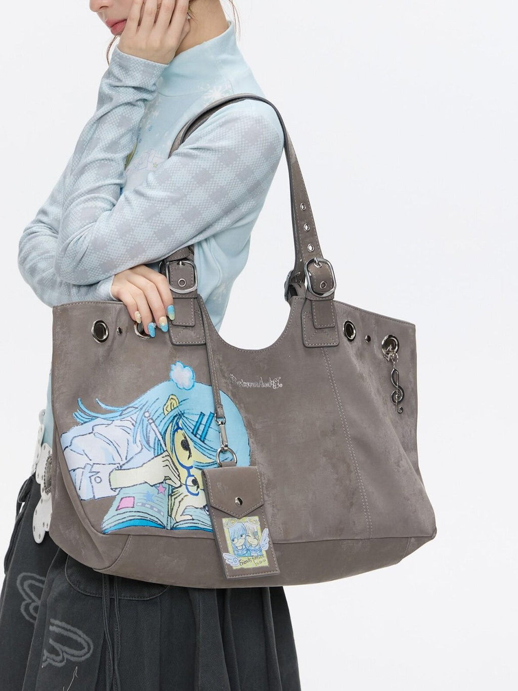 Milk Tea Gray Vintage Manga Girl Cartoon Large Capacity Women's Handbags