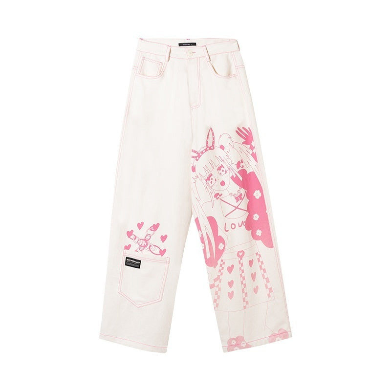 Millennial Pink All Over Graffiti Print Women's Denim Straight-leg Jeans