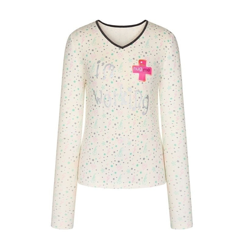 Mint Allover Print V-neck Loose Women's Viscose Blend Long Sleeve T-shirts