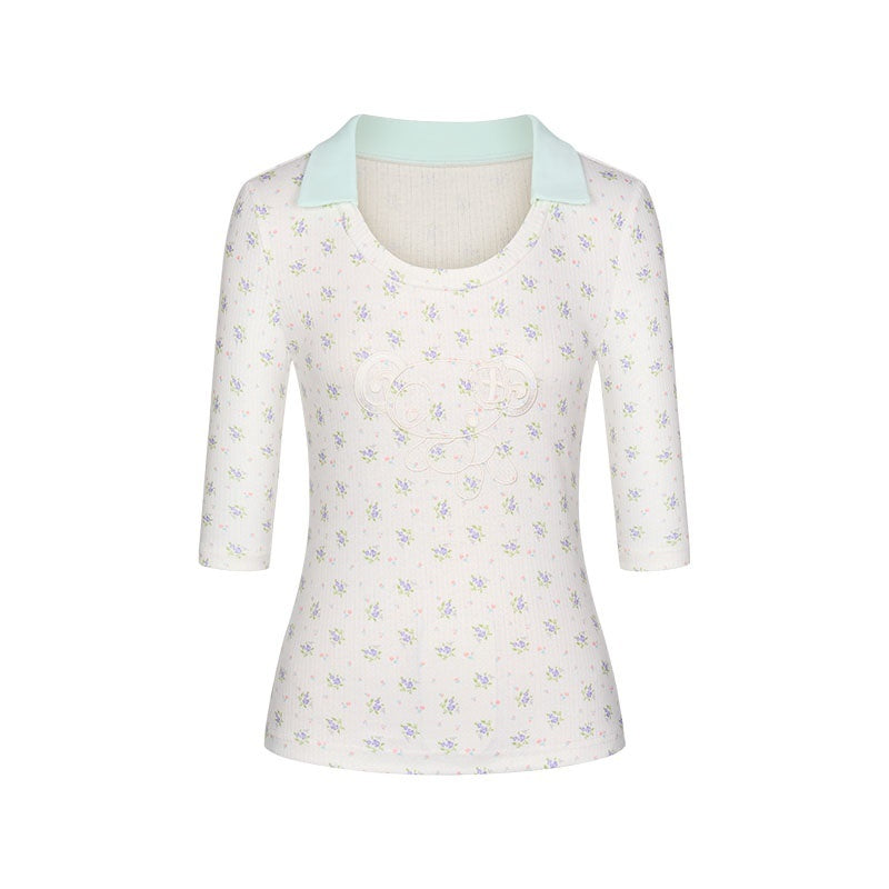 Mint Green Floral Jacquard Embroidered Women's Short Sleeve T-shirts