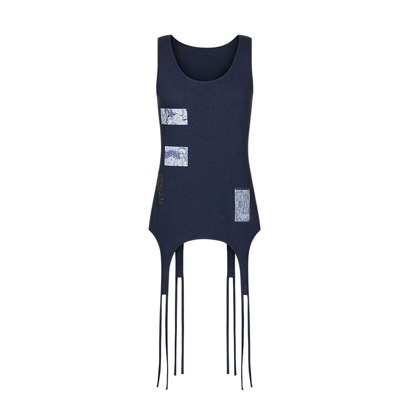 Mist Blue Key Beaded Layered Look Women's Cotton Linen Tank Tops