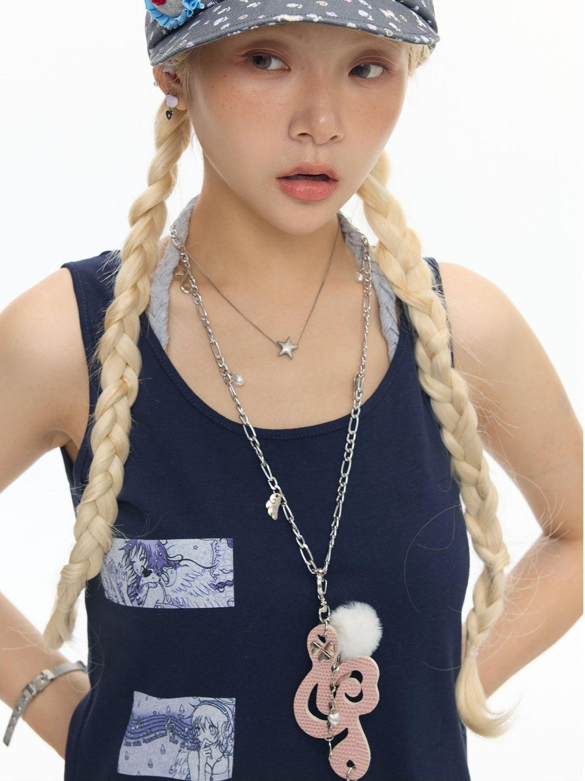 Mist Blue Key Beaded Layered Look Women's Cotton Linen Tank Tops