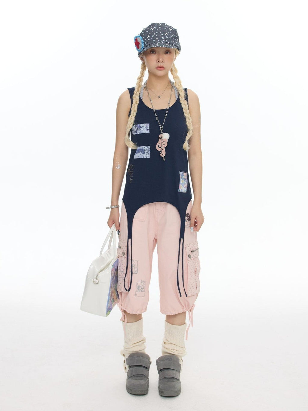 Mist Blue Key Beaded Layered Look Women's Cotton Linen Tank Tops