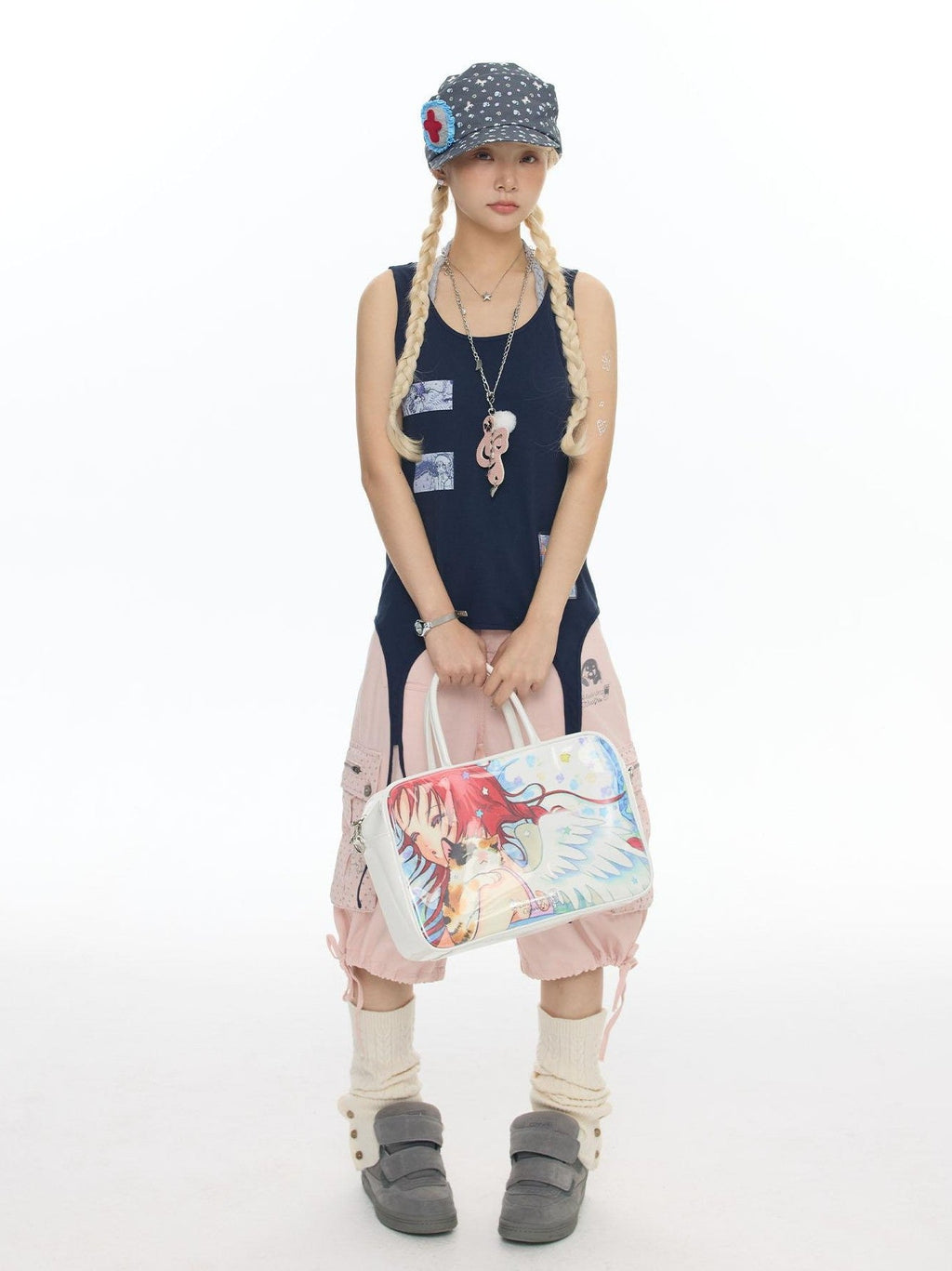 Mist Blue Key Beaded Layered Look Women's Cotton Linen Tank Tops