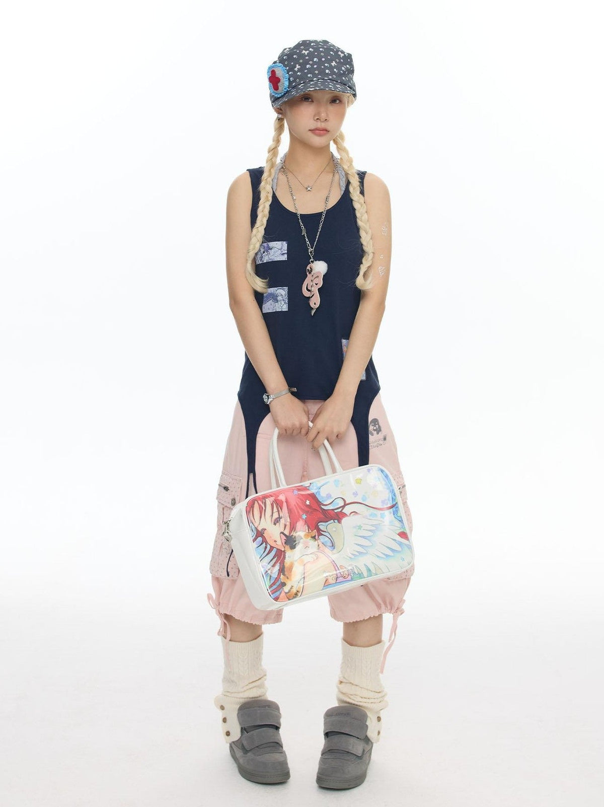 Mist Blue Key Beaded Layered Look Women's Cotton Linen Tank Tops