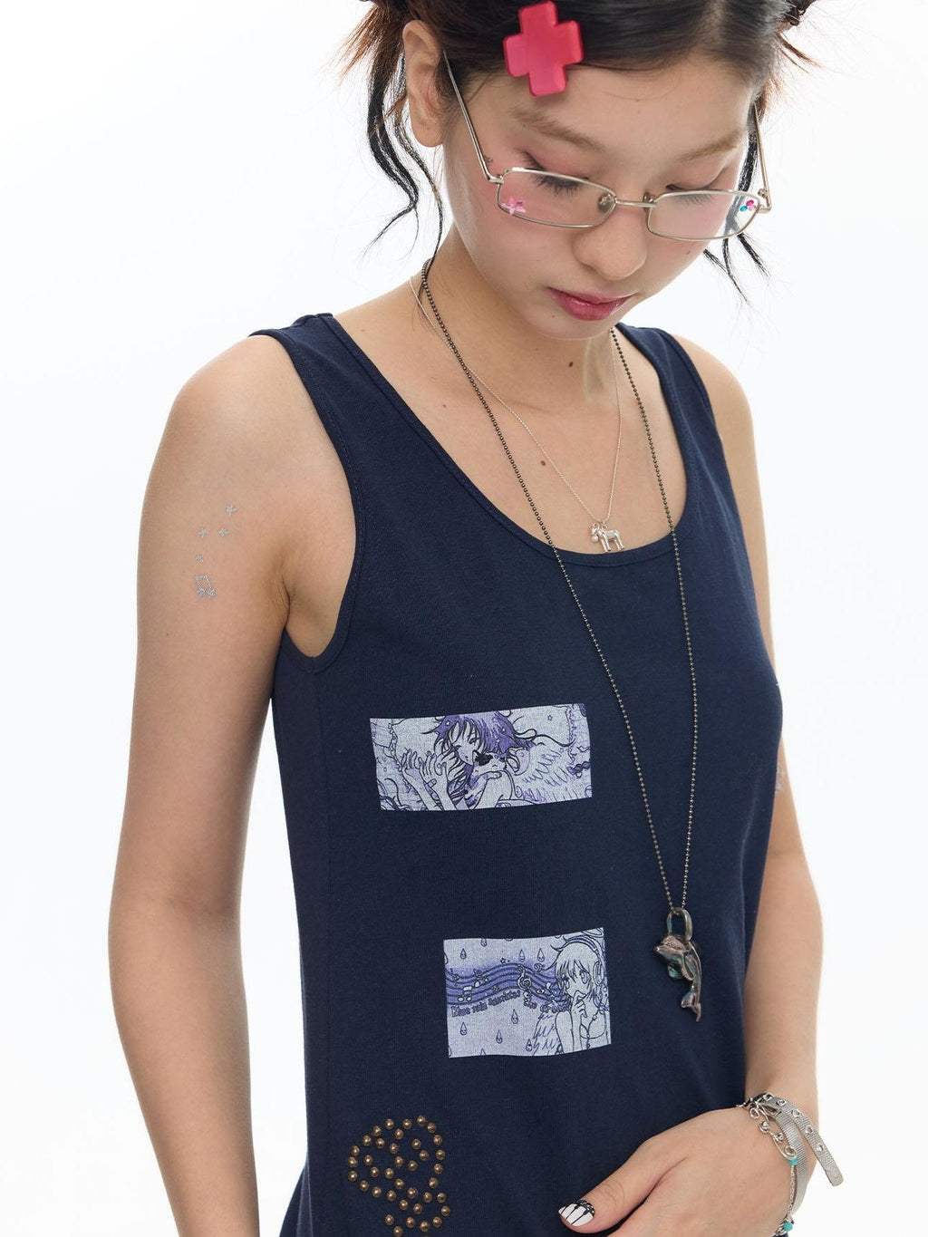 Mist Blue Key Beaded Layered Look Women's Cotton Linen Tank Tops