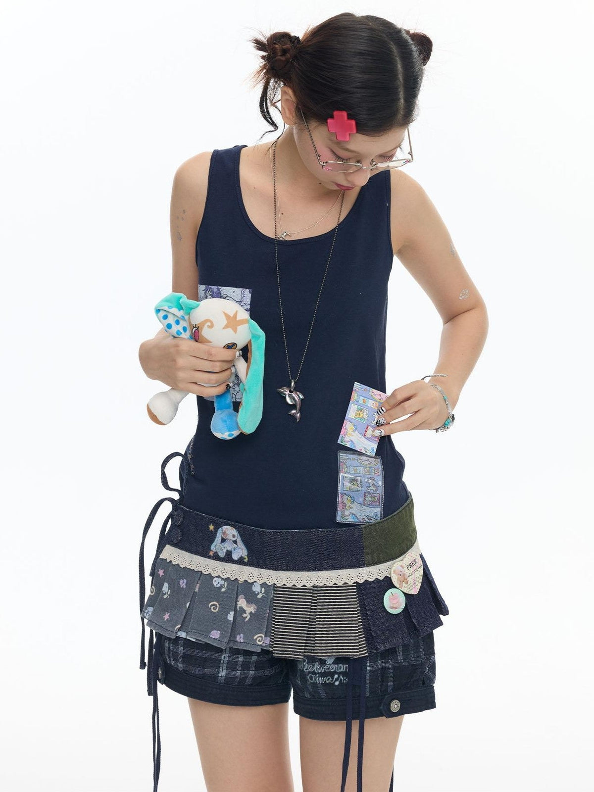 Mist Blue Key Beaded Layered Look Women's Cotton Linen Tank Tops