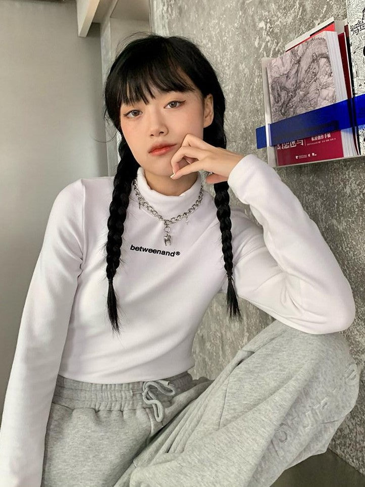 Multicolor Logo High Neck Fitted Women's Cotton Long Sleeve T-shirts