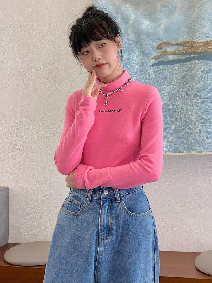 Multicolor Logo High Neck Fitted Women's Cotton Long Sleeve T-shirts
