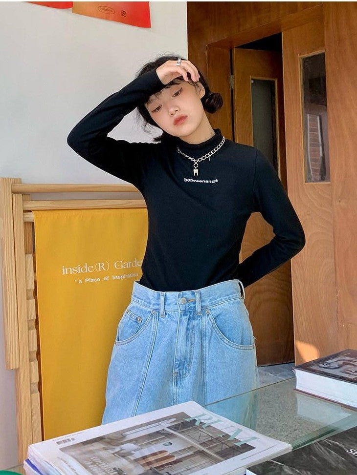 Multicolor Logo High Neck Fitted Women's Cotton Long Sleeve T-shirts