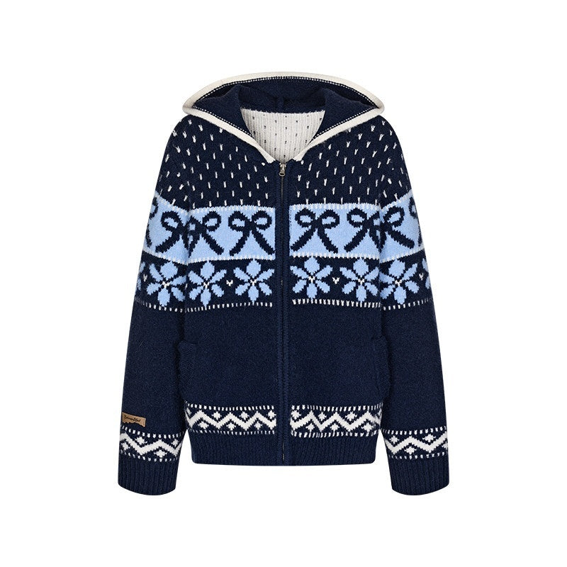 Navy Fair Isle Jacquard Bow Embroidery Women's Acrylic Blend Zip-up Hoodies