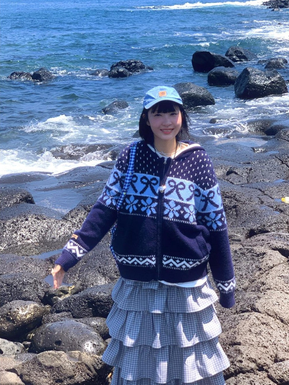 Navy Fair Isle Jacquard Bow Embroidery Women's Acrylic Blend Zip-up Hoodies