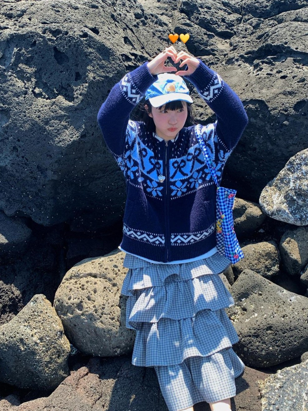 Navy Fair Isle Jacquard Bow Embroidery Women's Acrylic Blend Zip-up Hoodies