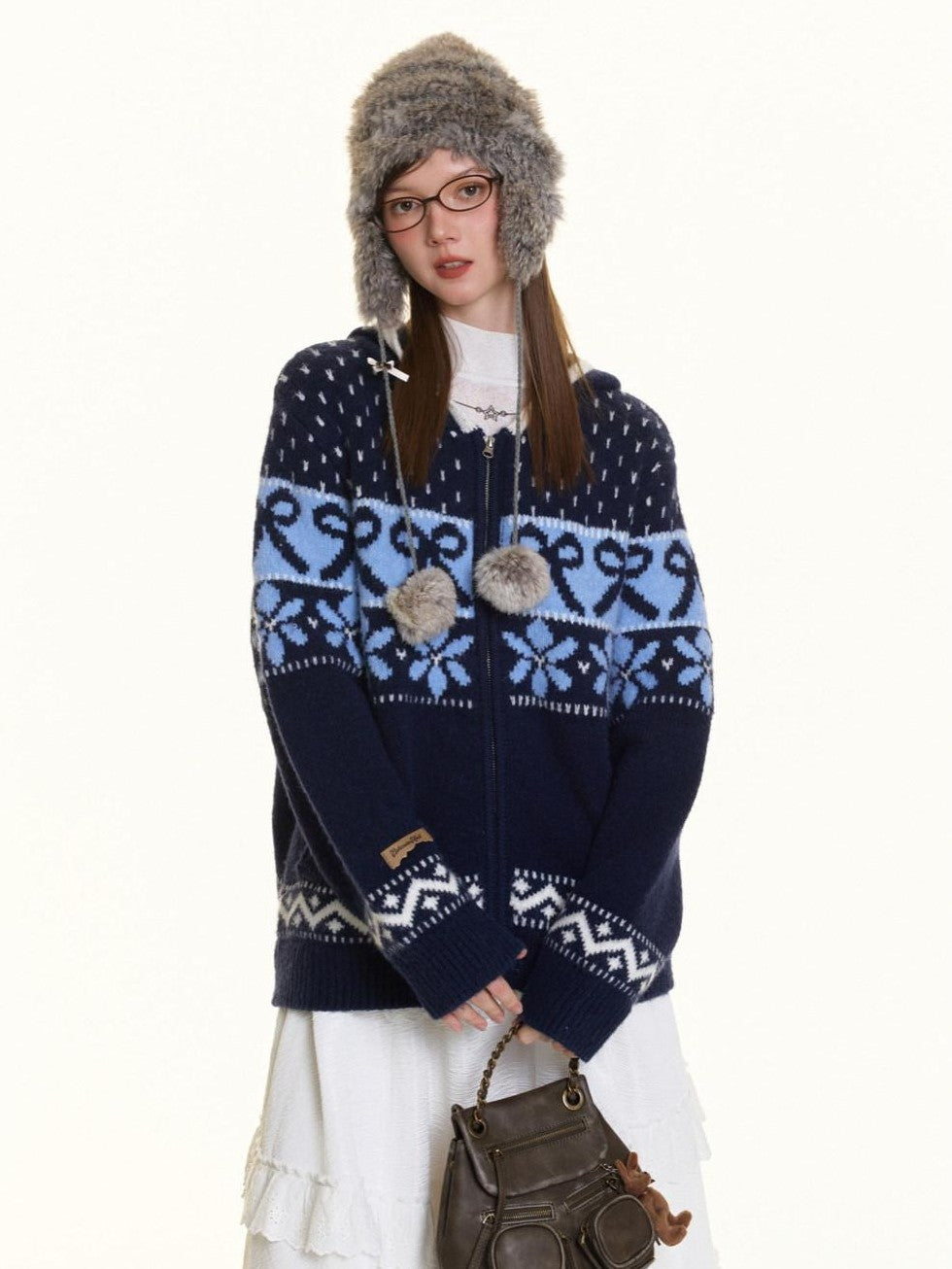 Navy Fair Isle Jacquard Bow Embroidery Women's Acrylic Blend Zip-up Hoodies