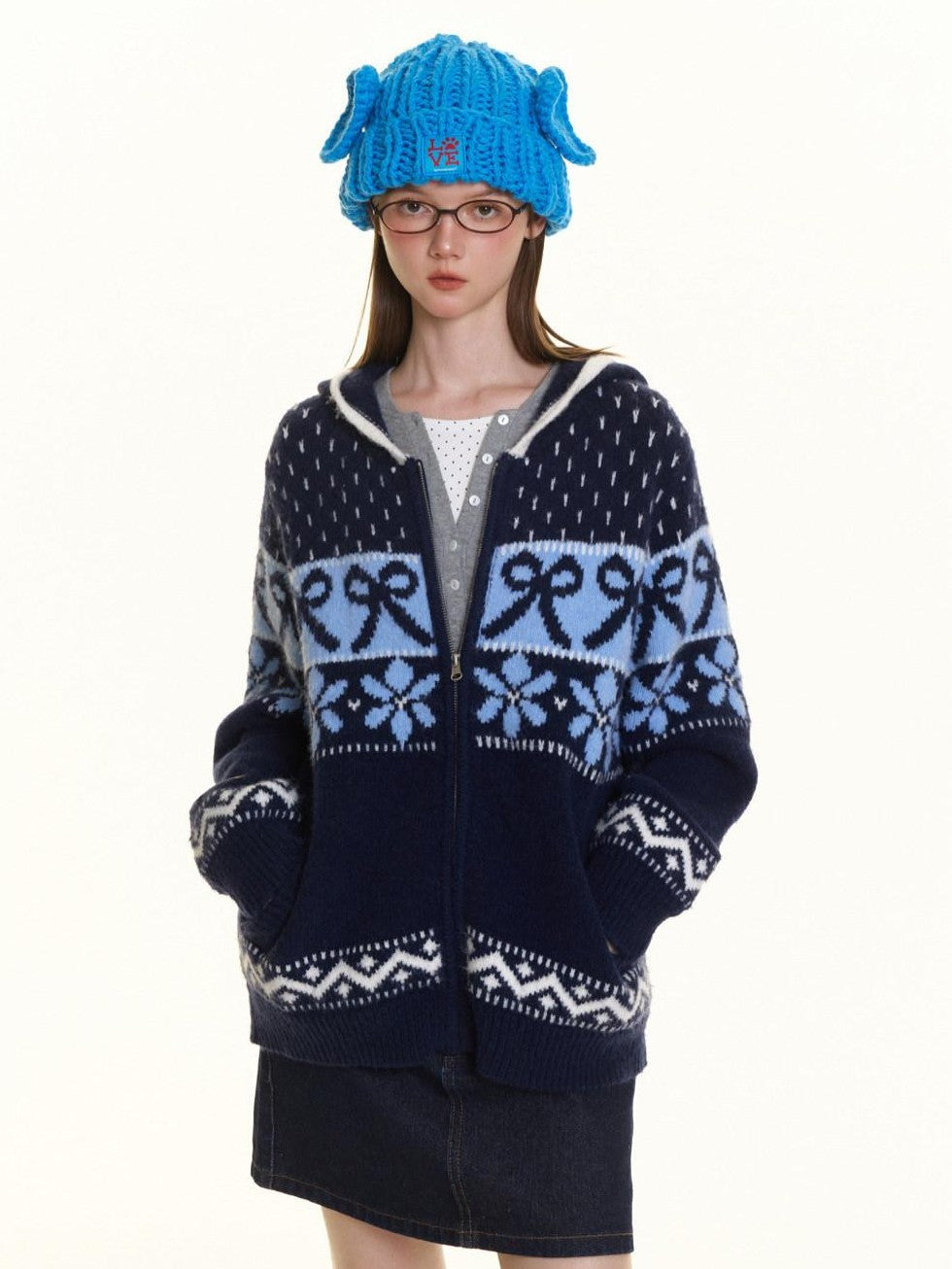 Navy Fair Isle Jacquard Bow Embroidery Women's Acrylic Blend Zip-up Hoodies