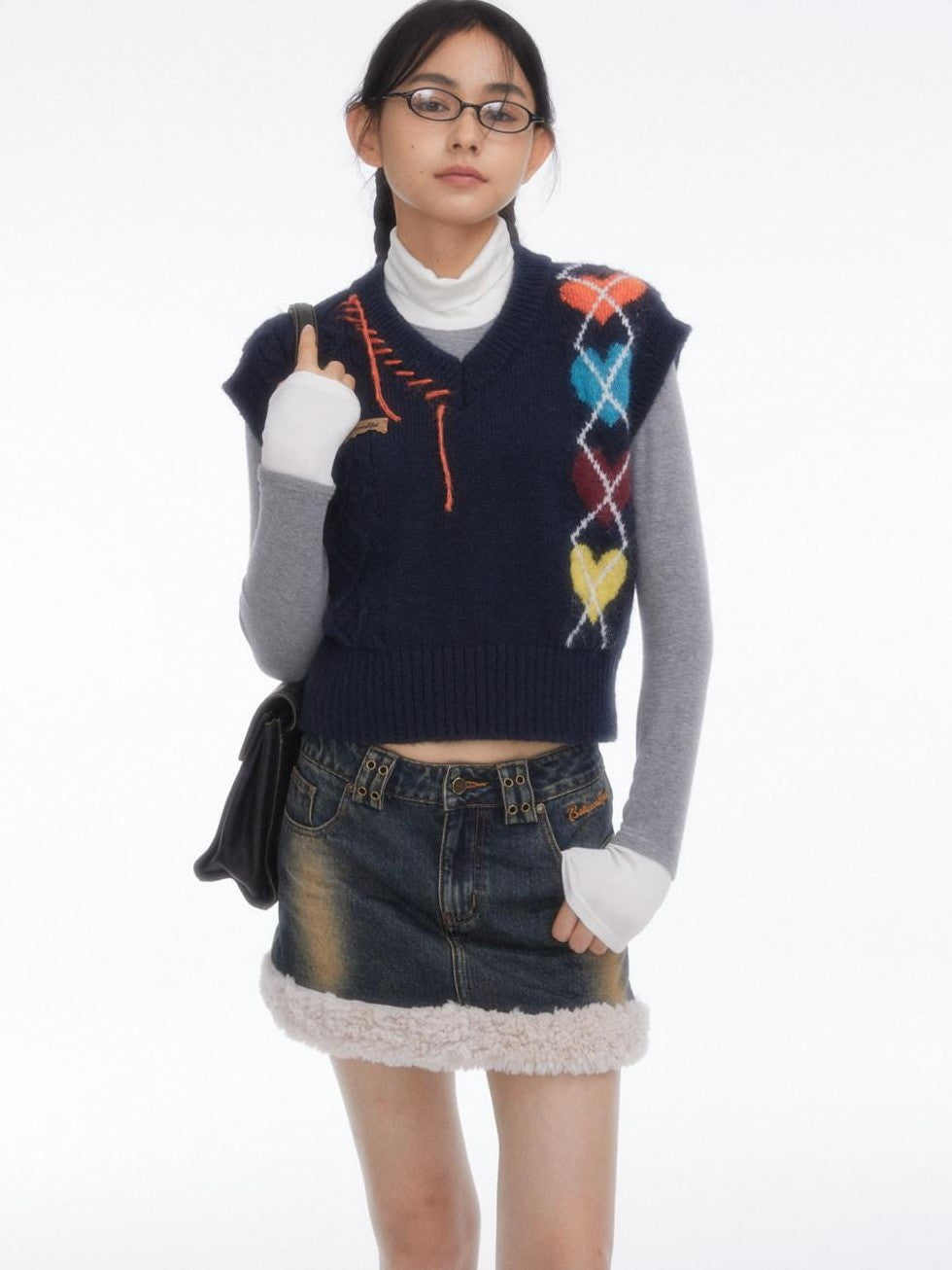 Navy Heart Argyle Colorblock Handstitched Women's Poly Wool Tank Tops