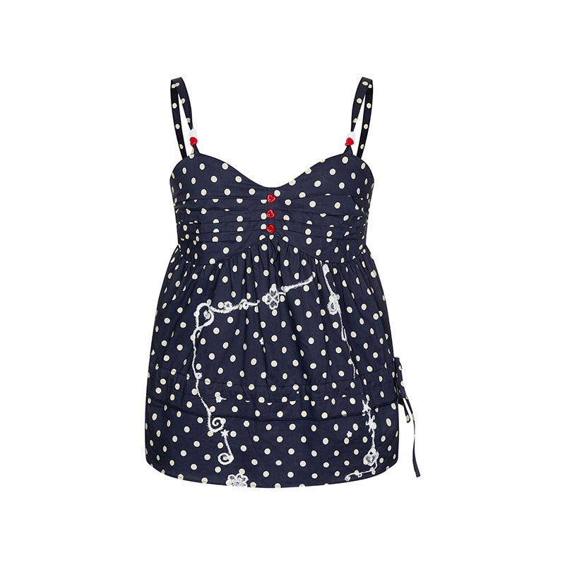 Navy Polka Dot Heart Beaded Strappy Women's Cotton Layering Camisoles