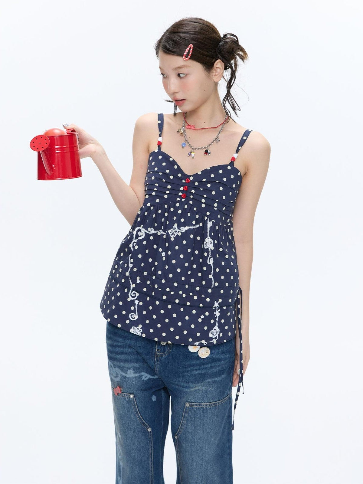 Navy Polka Dot Heart Beaded Strappy Women's Cotton Layering Camisoles