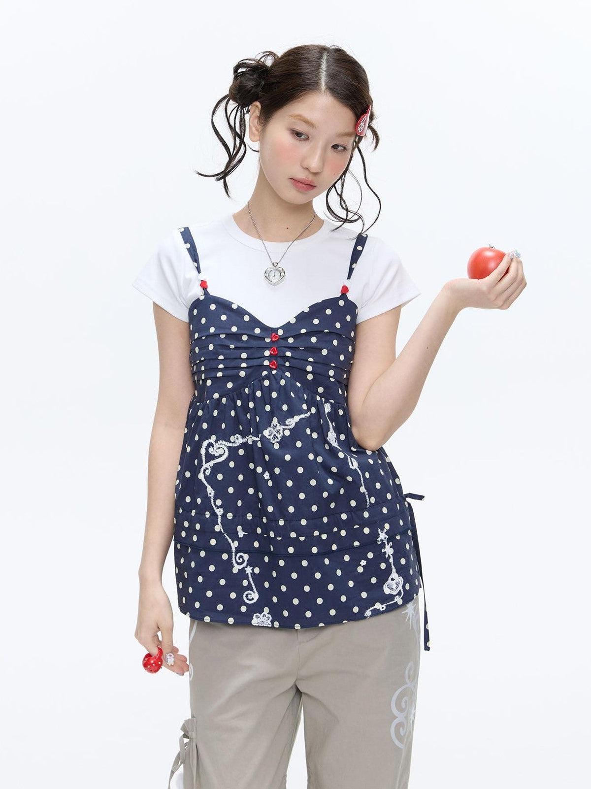 Navy Polka Dot Heart Beaded Strappy Women's Cotton Layering Camisoles