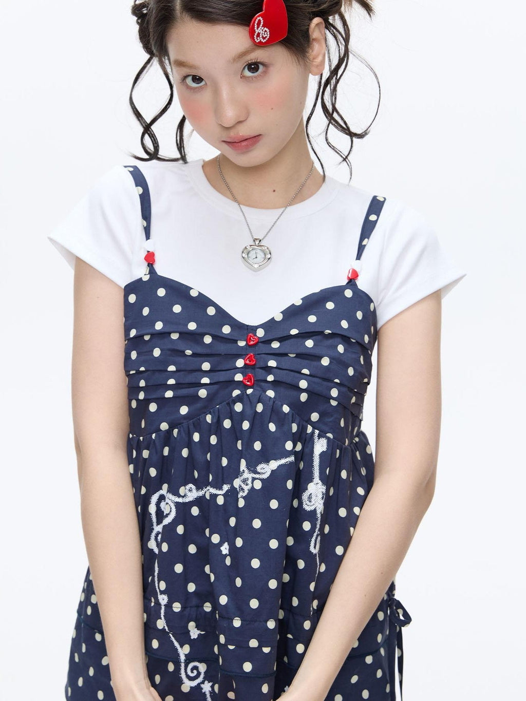 Navy Polka Dot Heart Beaded Strappy Women's Cotton Layering Camisoles