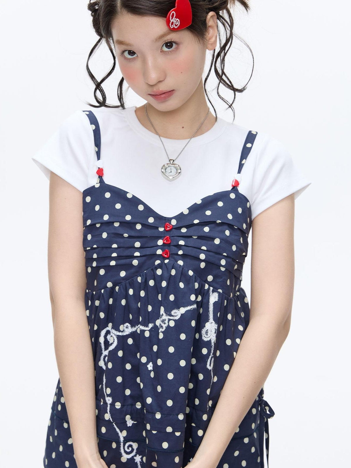 Navy Polka Dot Heart Beaded Strappy Women's Cotton Layering Camisoles
