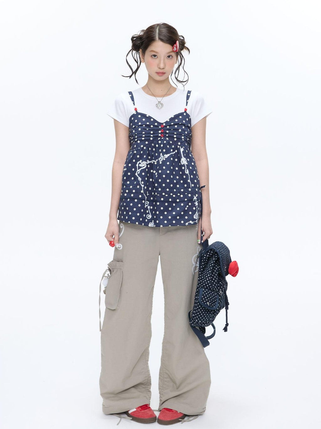 Navy Polka Dot Heart Beaded Strappy Women's Cotton Layering Camisoles