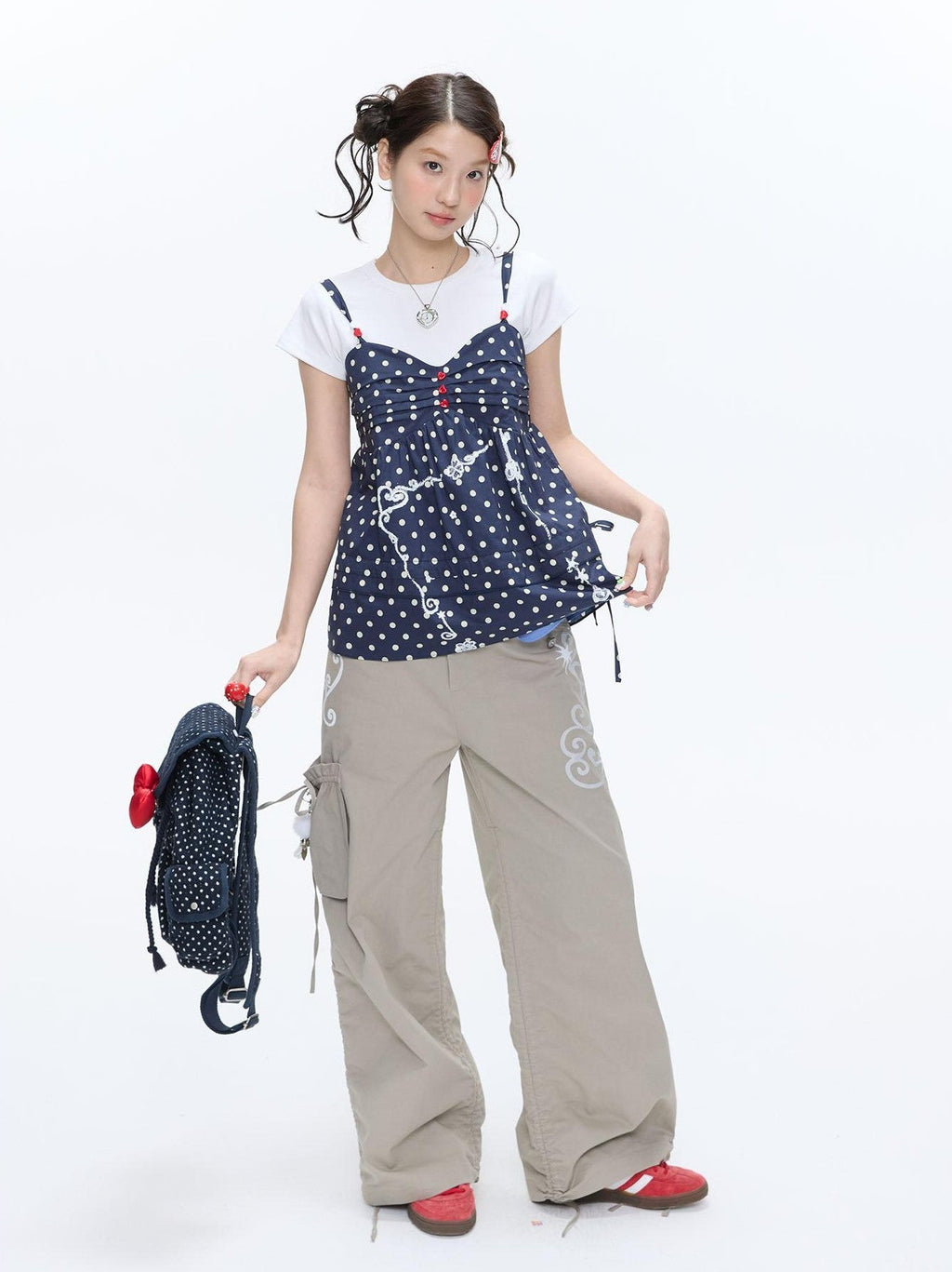 Navy Polka Dot Heart Beaded Strappy Women's Cotton Layering Camisoles