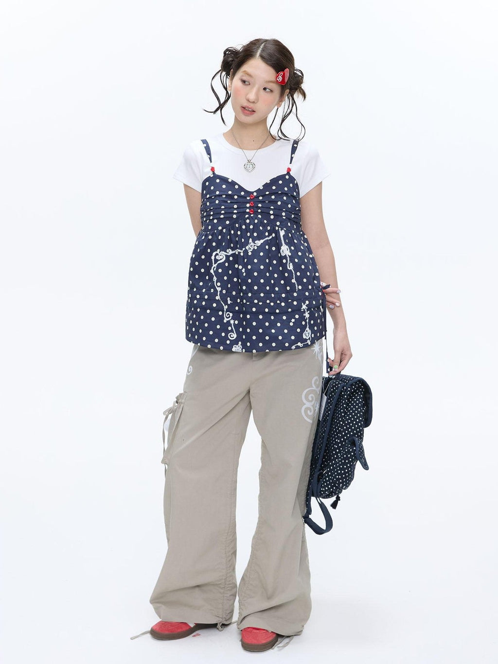 Navy Polka Dot Heart Beaded Strappy Women's Cotton Layering Camisoles