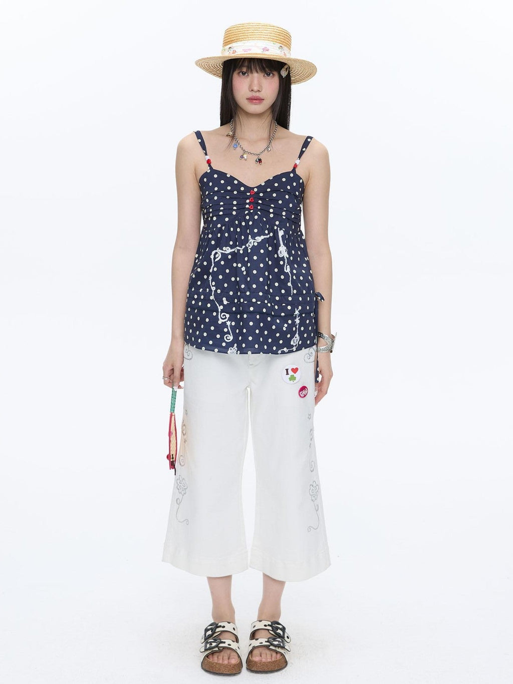 Navy Polka Dot Heart Beaded Strappy Women's Cotton Layering Camisoles