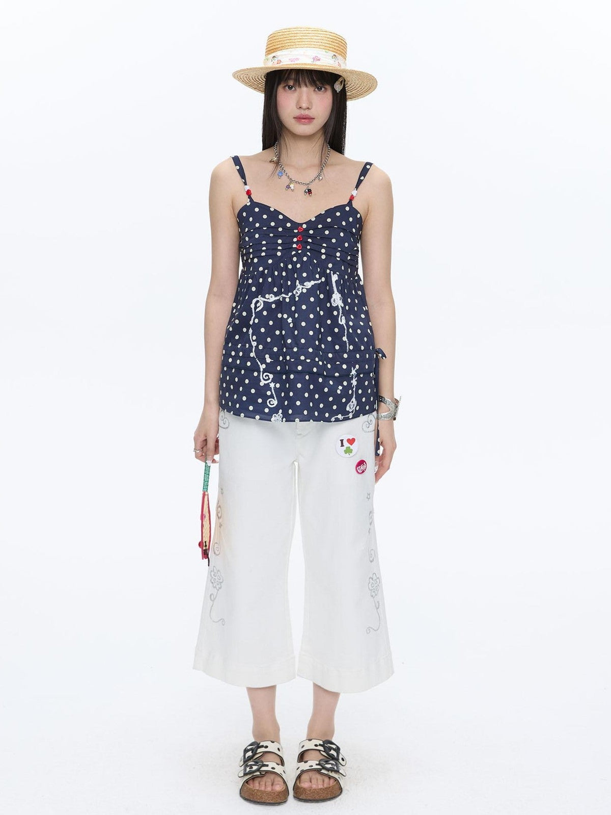 Navy Polka Dot Heart Beaded Strappy Women's Cotton Layering Camisoles