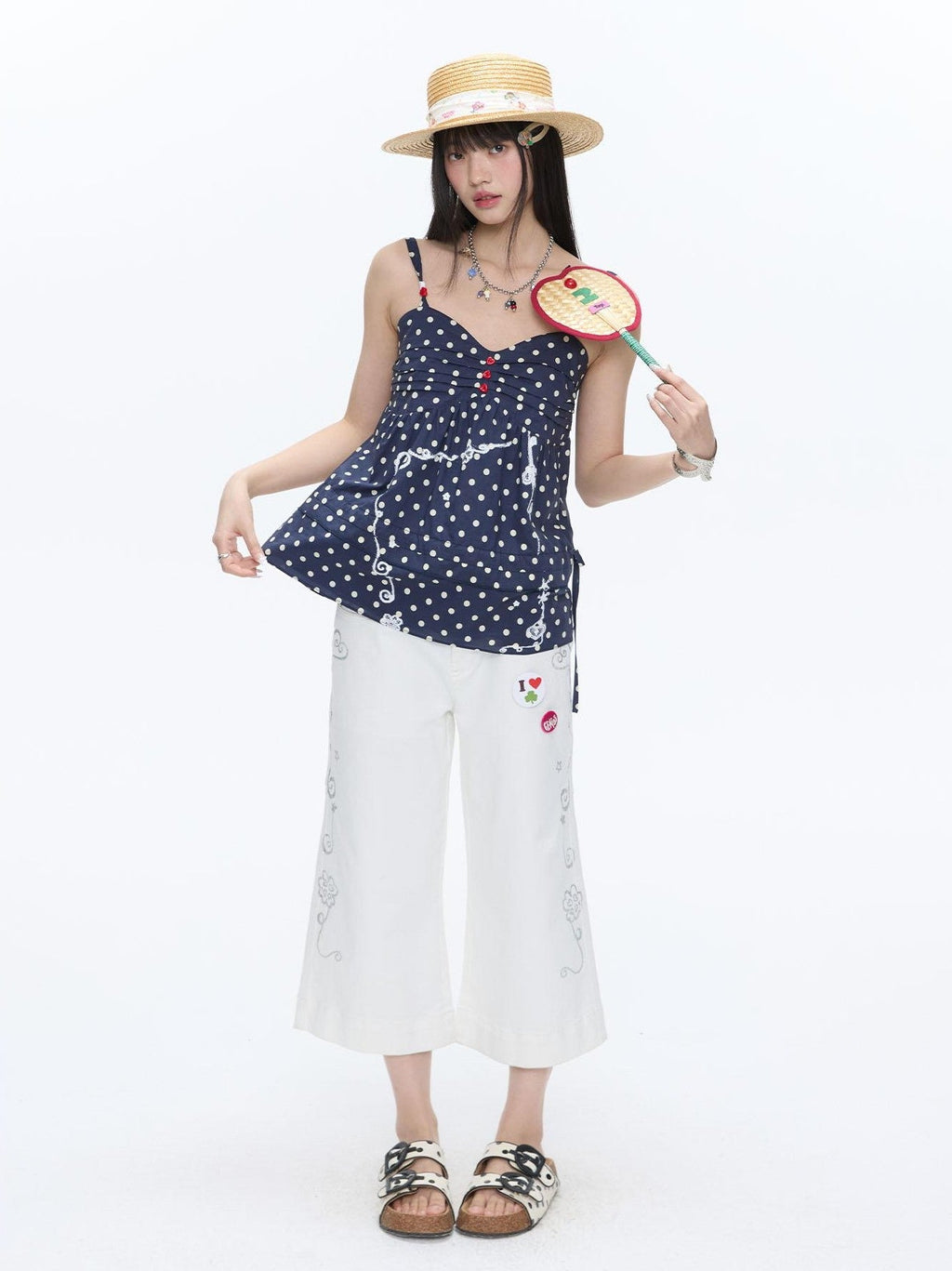 Navy Polka Dot Heart Beaded Strappy Women's Cotton Layering Camisoles