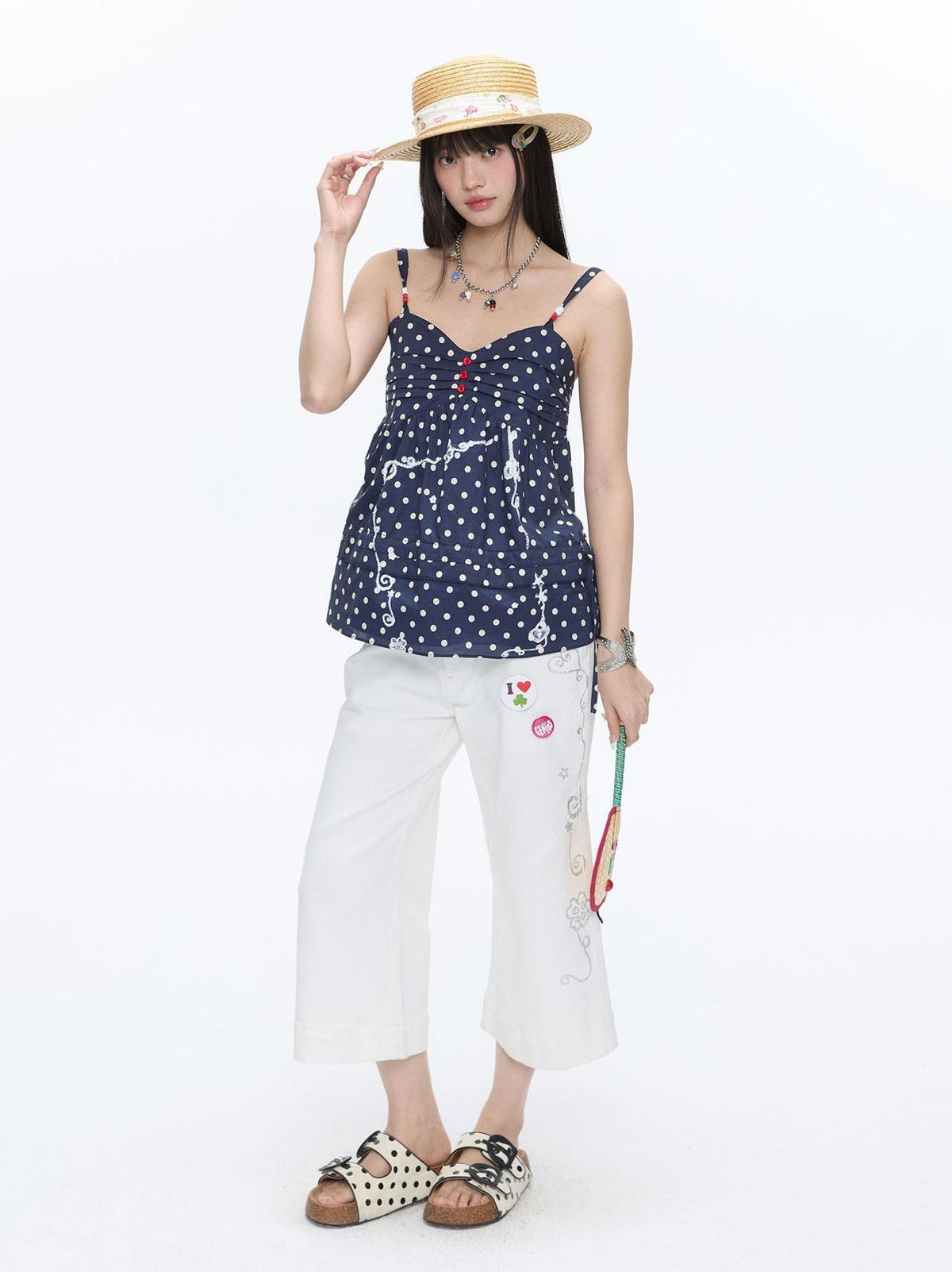 Navy Polka Dot Heart Beaded Strappy Women's Cotton Layering Camisoles