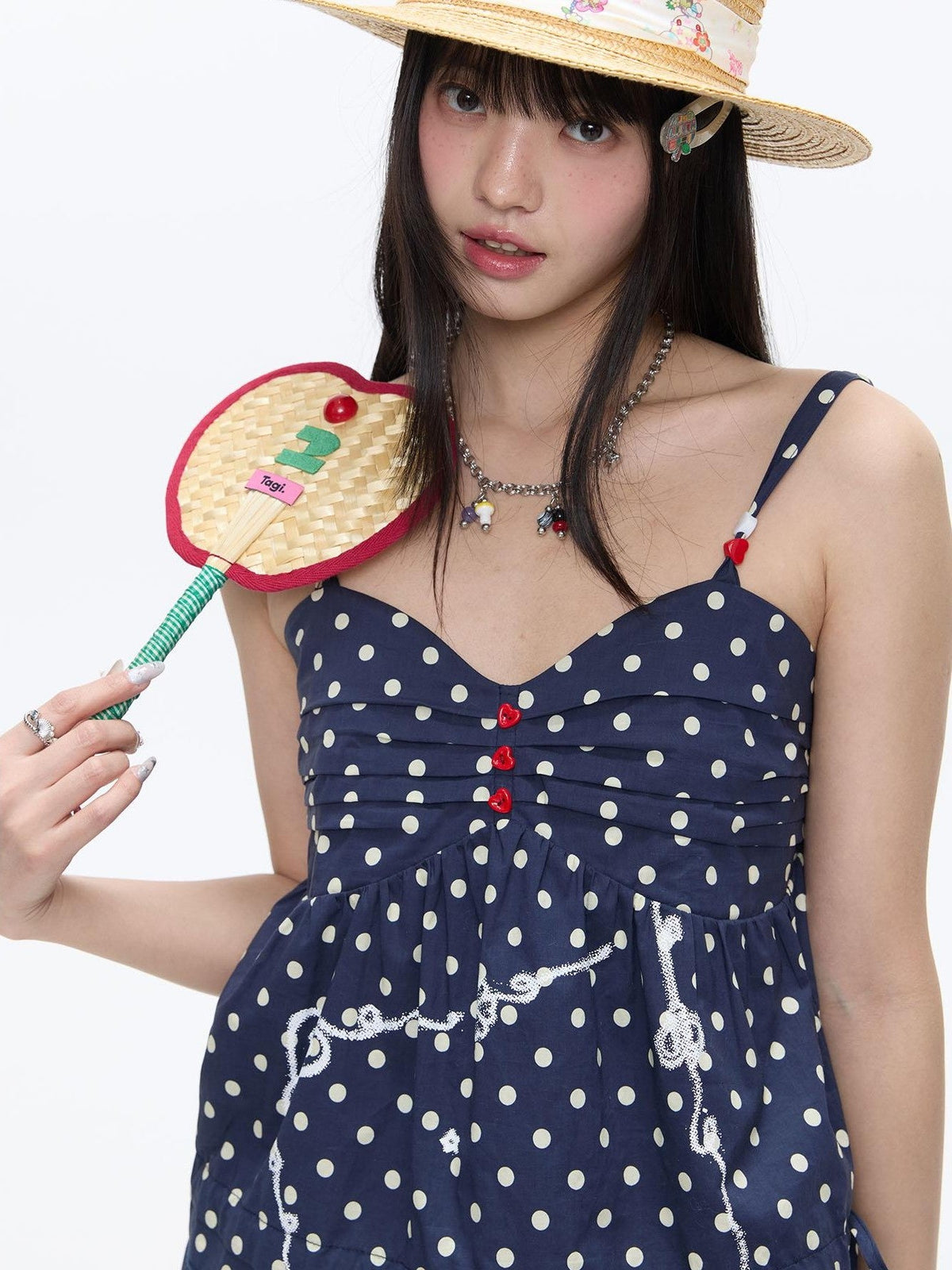 Navy Polka Dot Heart Beaded Strappy Women's Cotton Layering Camisoles