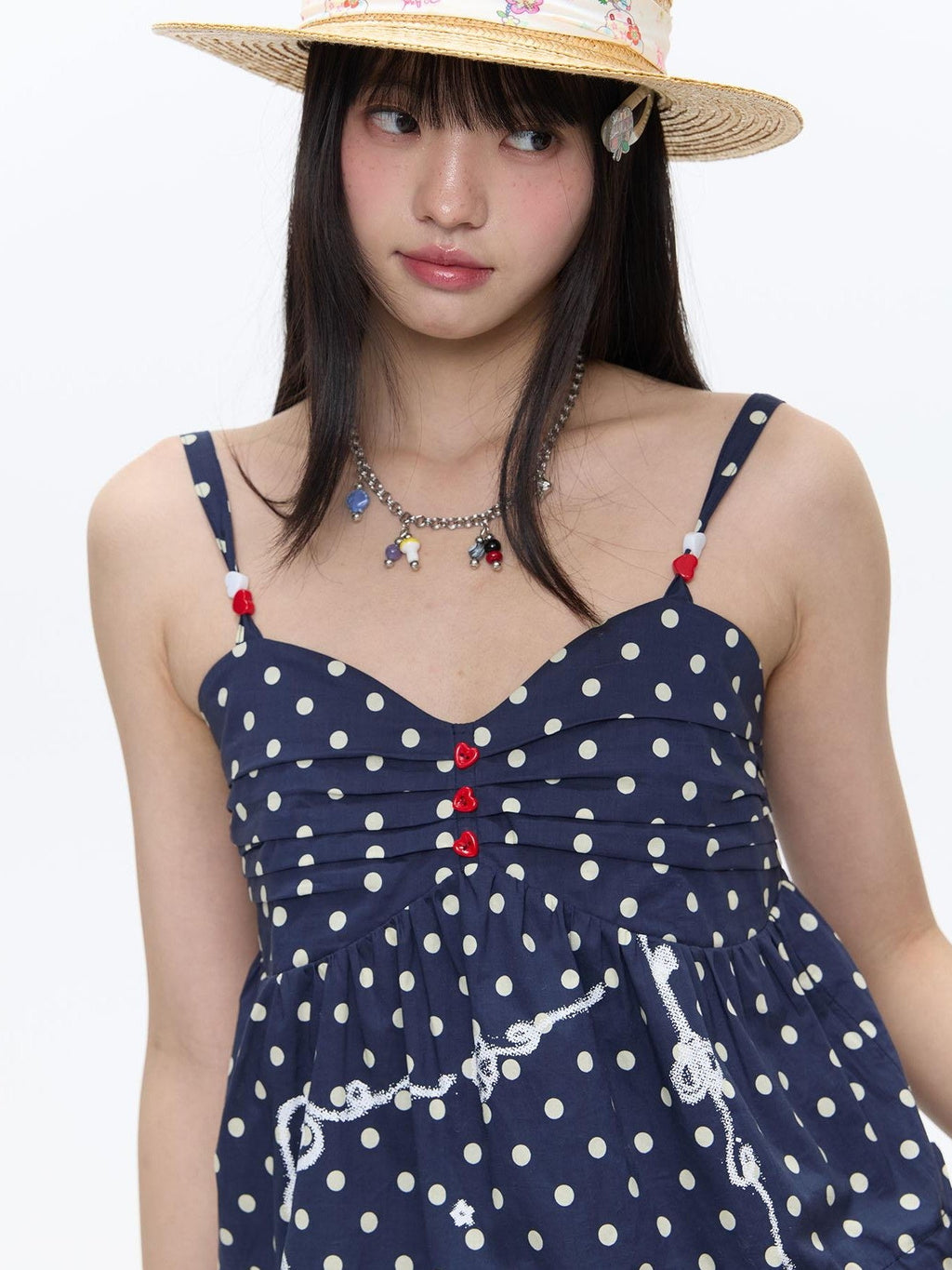 Navy Polka Dot Heart Beaded Strappy Women's Cotton Layering Camisoles