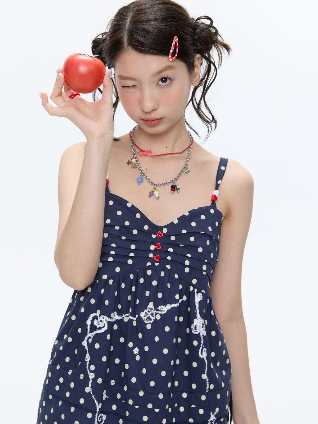 Navy Polka Dot Heart Beaded Strappy Women's Cotton Layering Camisoles