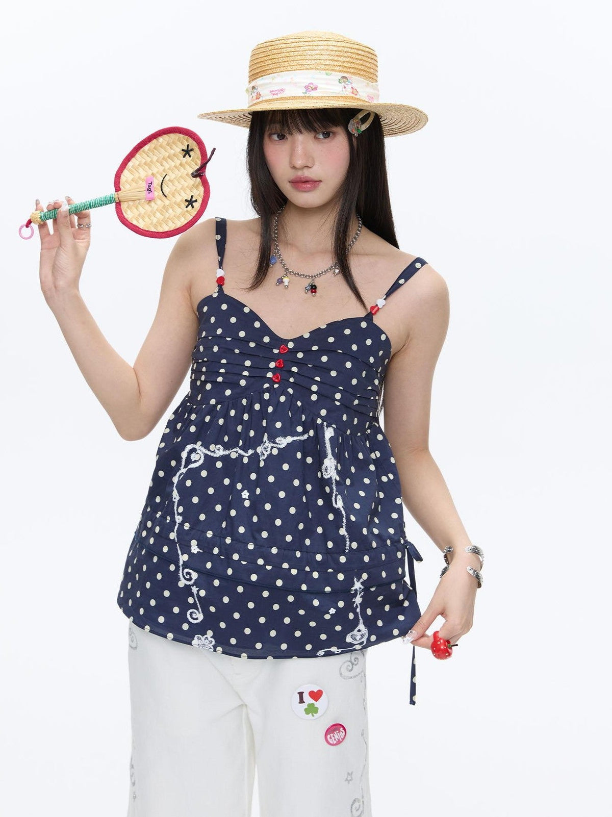 Navy Polka Dot Heart Beaded Strappy Women's Cotton Layering Camisoles
