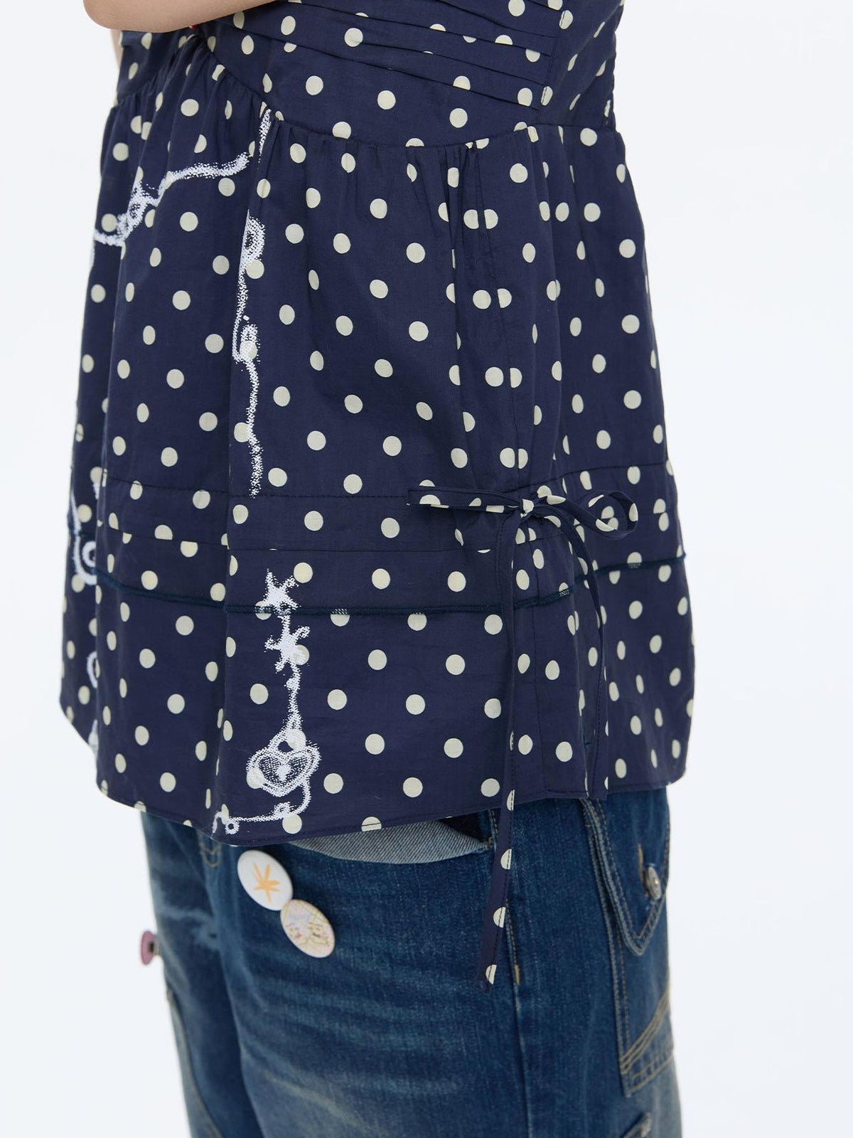 Navy Polka Dot Heart Beaded Strappy Women's Cotton Layering Camisoles