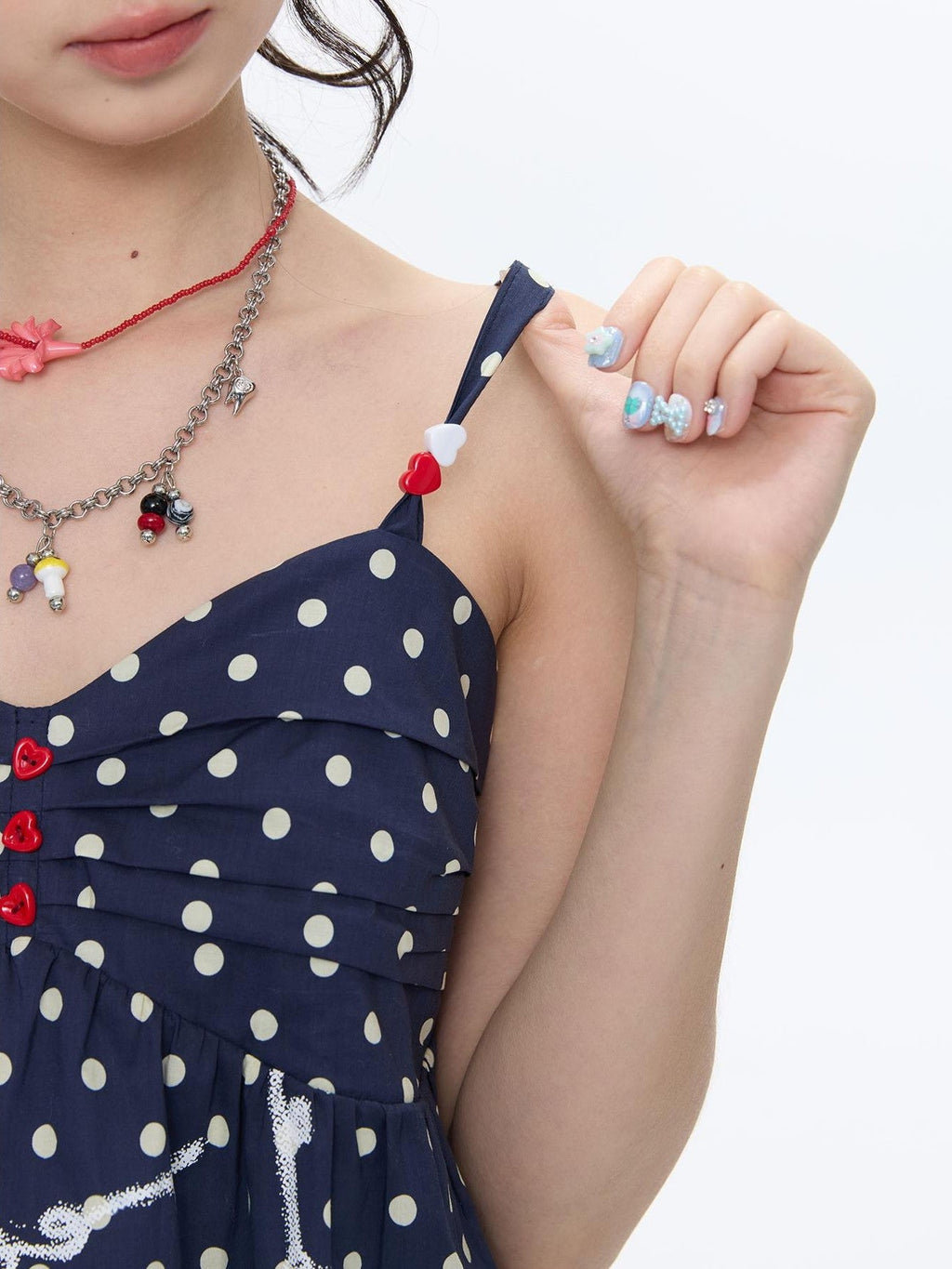 Navy Polka Dot Heart Beaded Strappy Women's Cotton Layering Camisoles