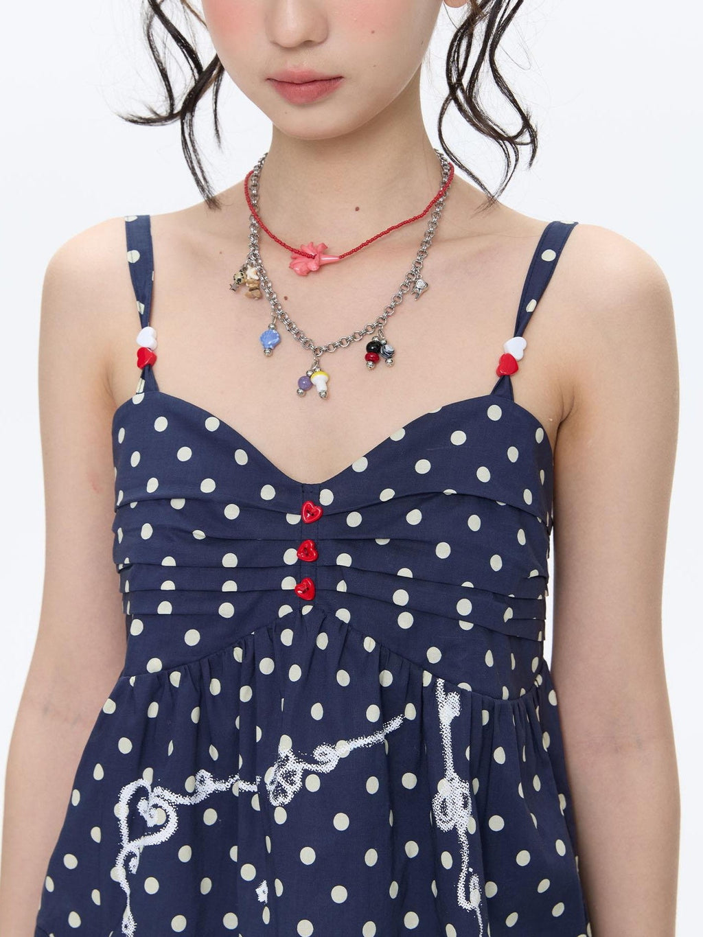 Navy Polka Dot Heart Beaded Strappy Women's Cotton Layering Camisoles