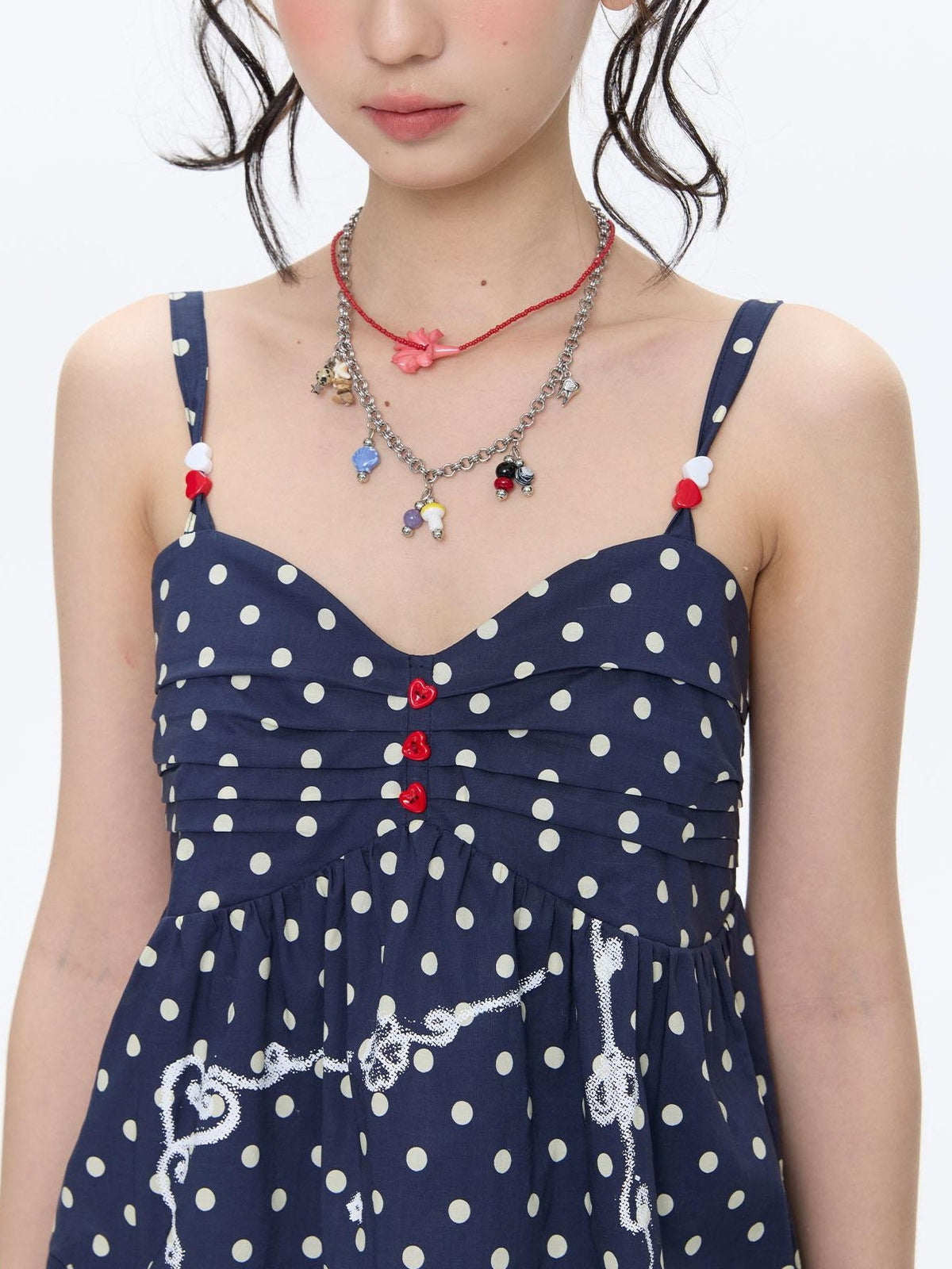Navy Polka Dot Heart Beaded Strappy Women's Cotton Layering Camisoles