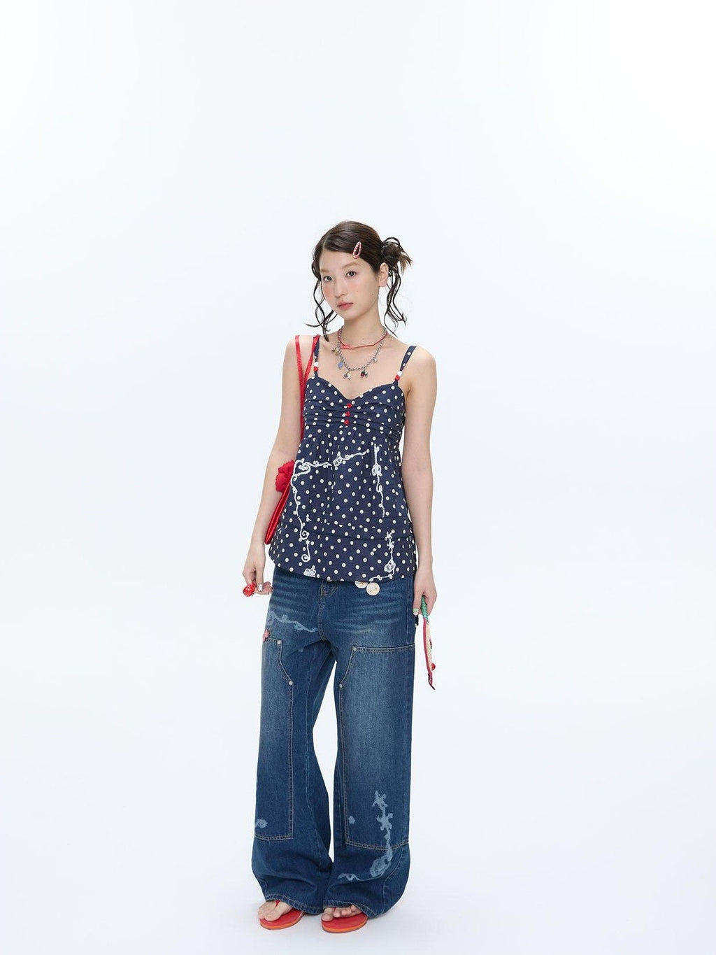 Navy Polka Dot Heart Beaded Strappy Women's Cotton Layering Camisoles