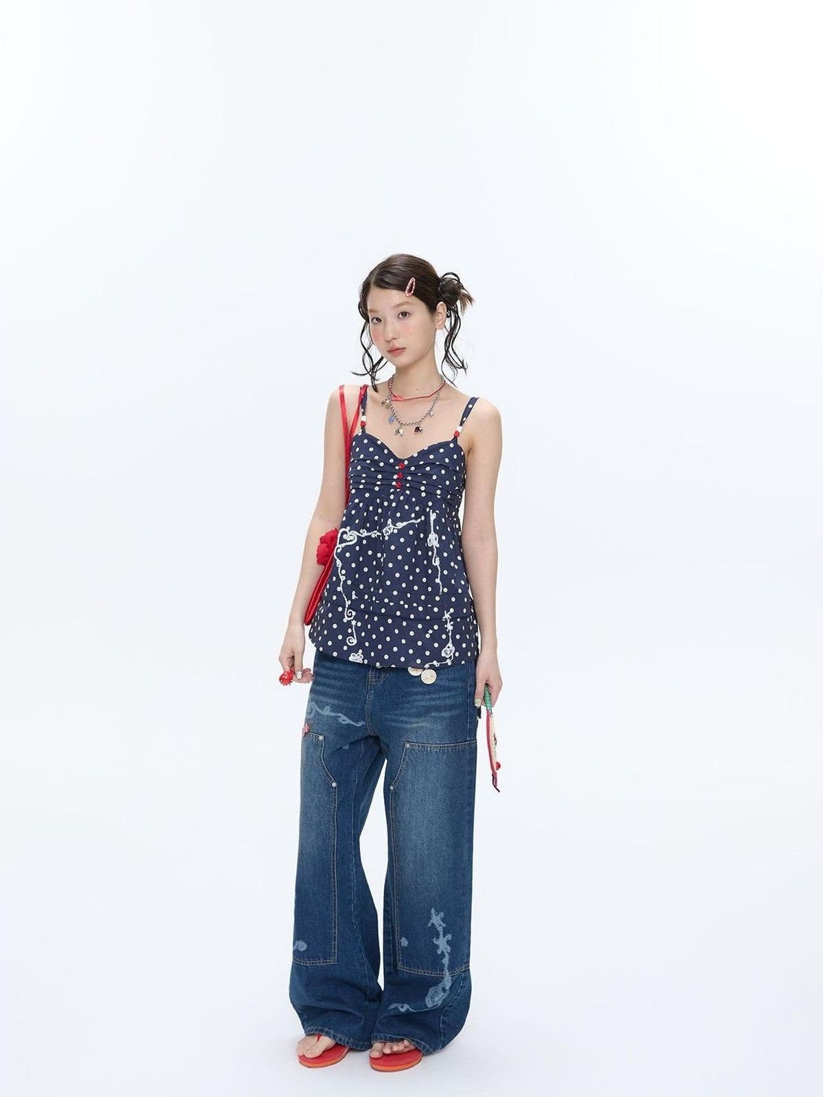 Navy Polka Dot Heart Beaded Strappy Women's Cotton Layering Camisoles