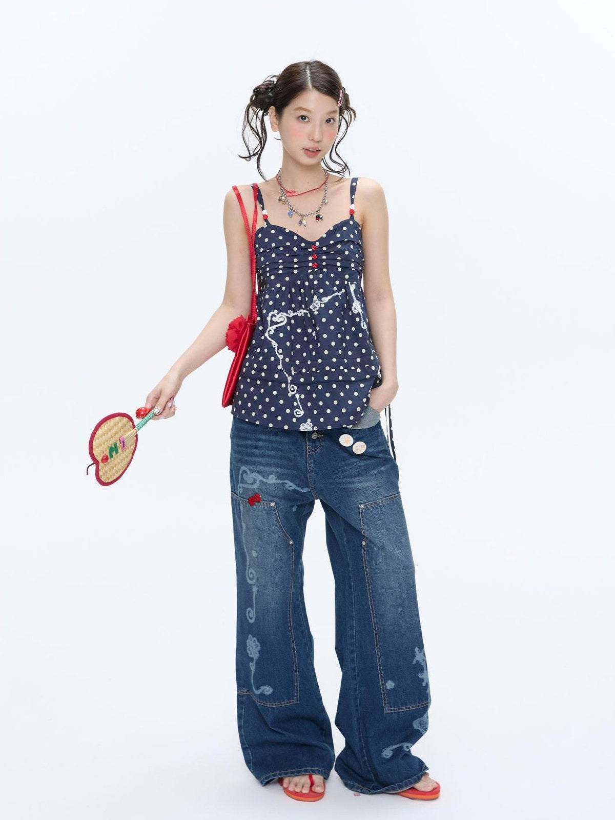 Navy Polka Dot Heart Beaded Strappy Women's Cotton Layering Camisoles