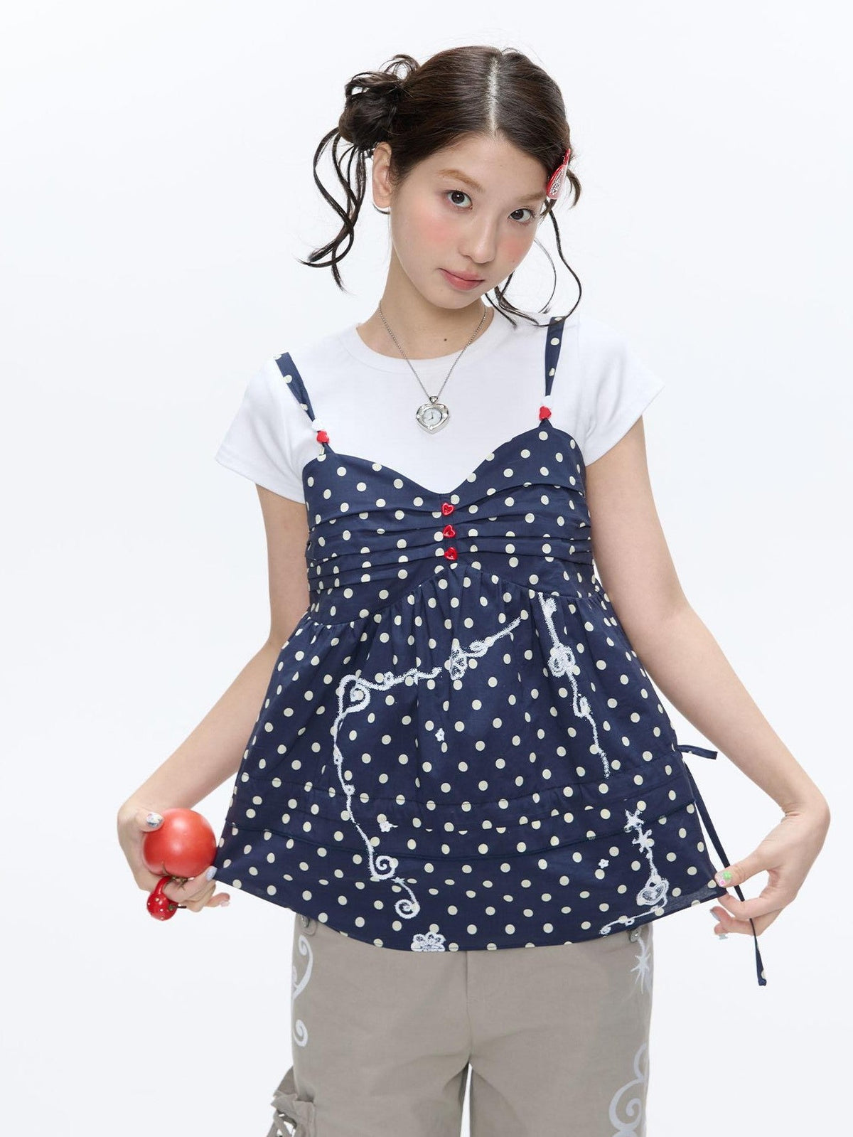 Navy Polka Dot Heart Beaded Strappy Women's Cotton Layering Camisoles