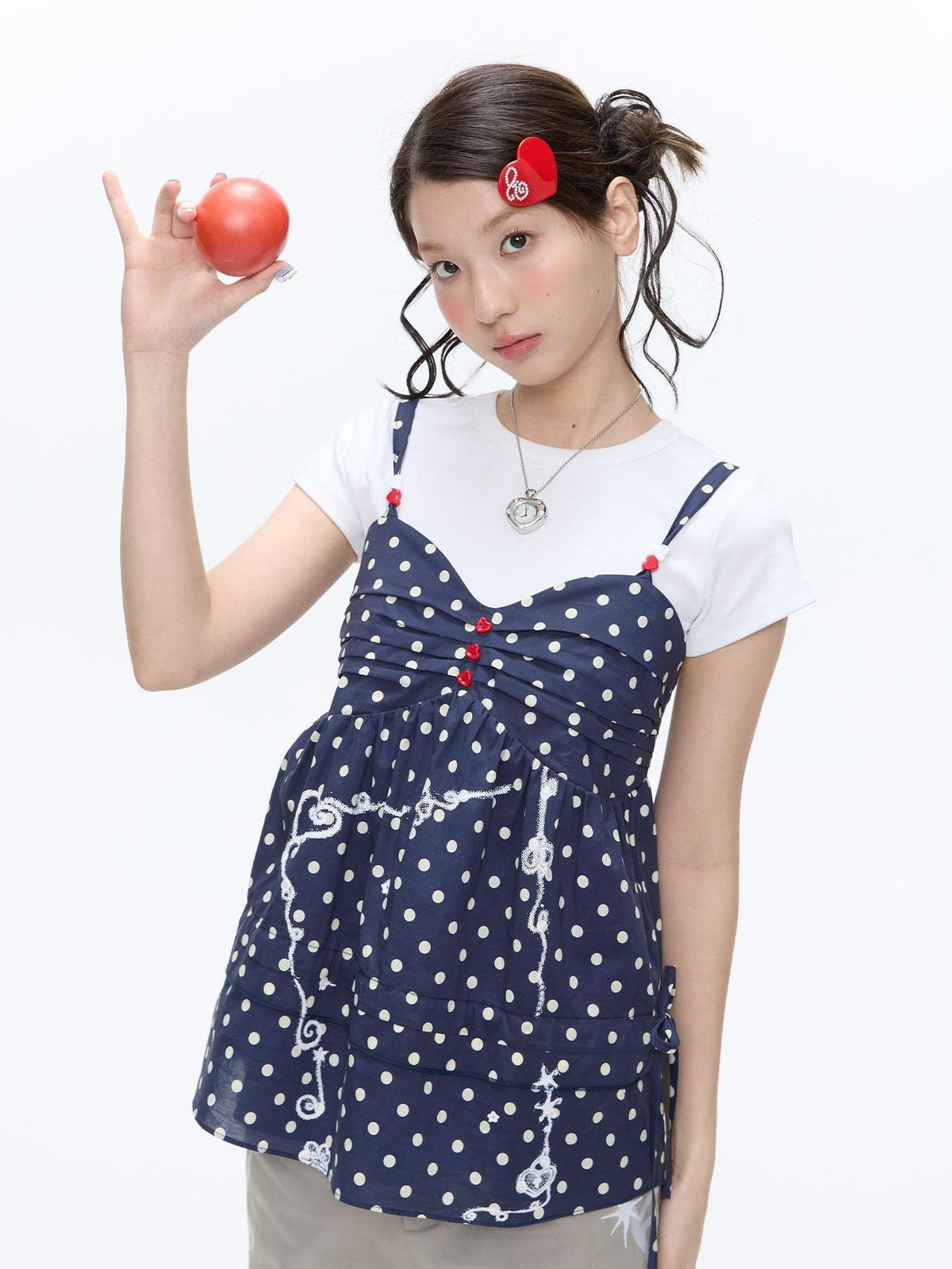Navy Polka Dot Heart Beaded Strappy Women's Cotton Layering Camisoles